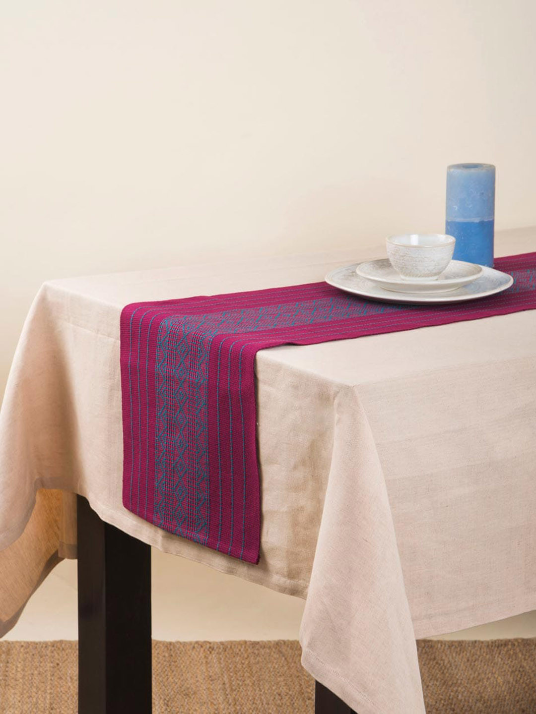 Fabindia Fuschia-Pink & Blue Woven-Designed Cotton Table Runner