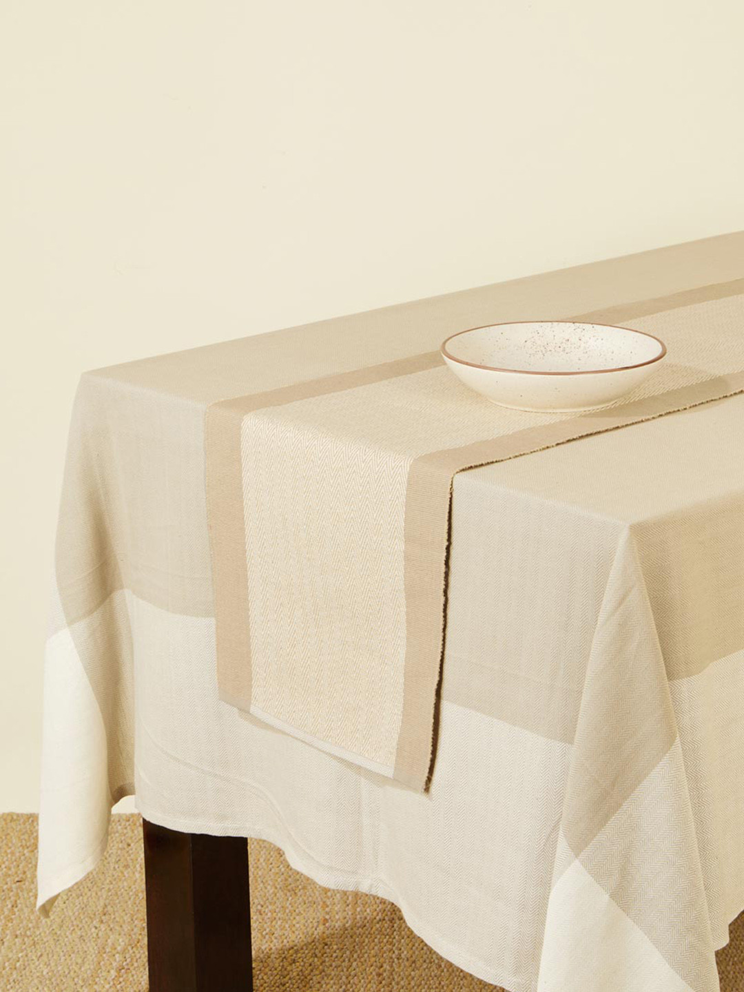 Fabindia Natural Kislay Beige Woven-Designed Pure Cotton Table Runner