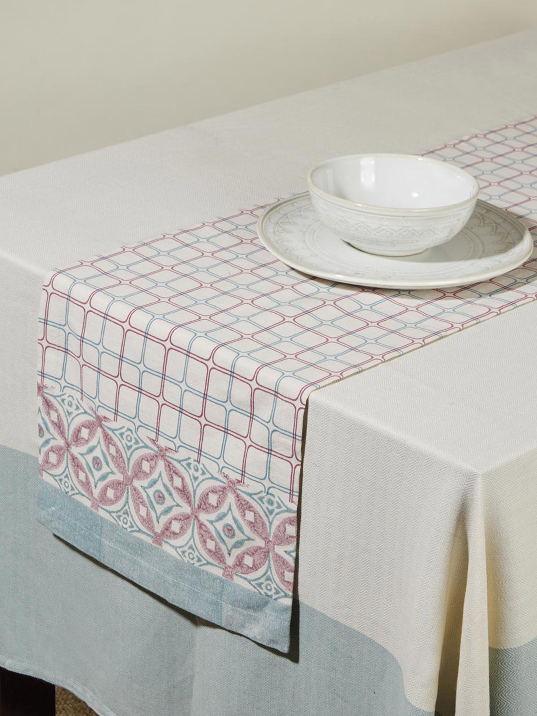 Fabindia Lilypool Grey & Pink Printed Cotton Table Runner
