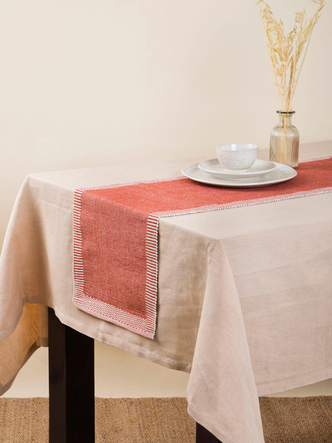 Fabindia Avikar Red & White Striped Pure Cotton Table Runner