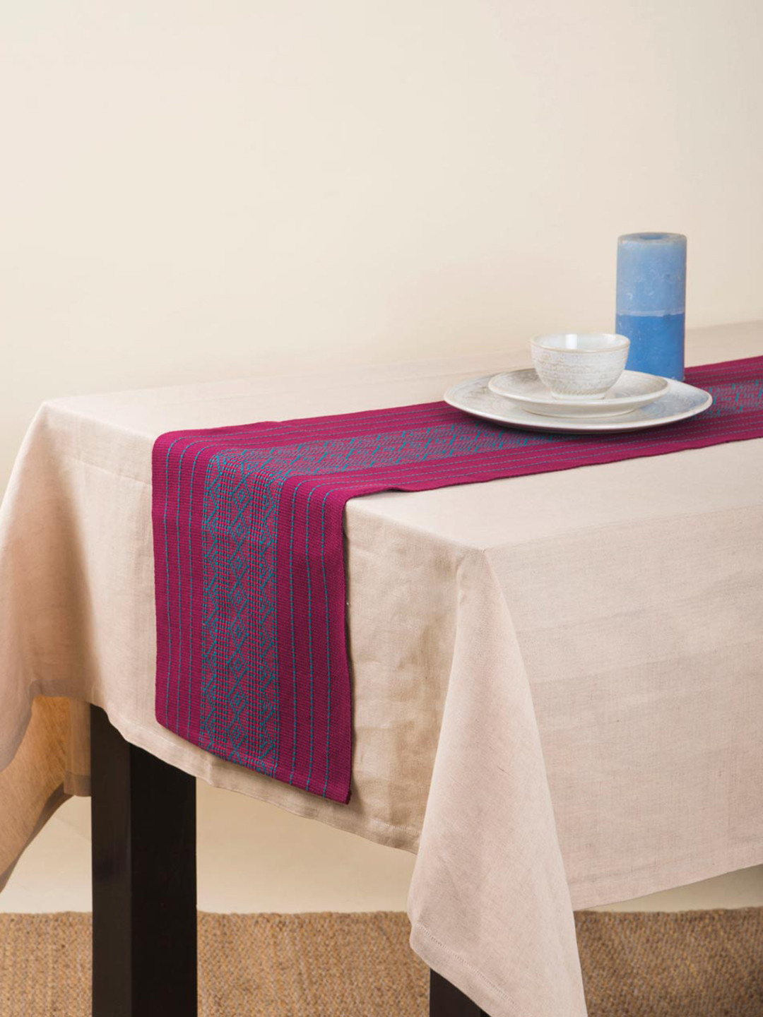 Fabindia Mirania Pink & Blue Striped Cotton Table Runner