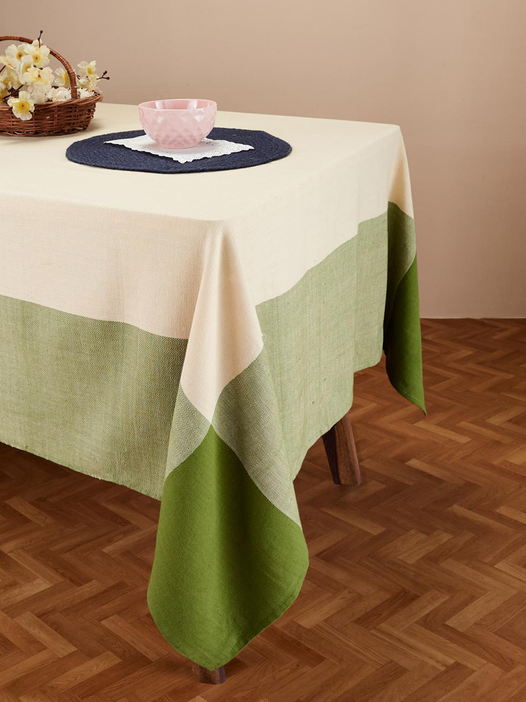 Fabindia Adesh Green Cotton Woven-Design 4-Seater Table Cover
