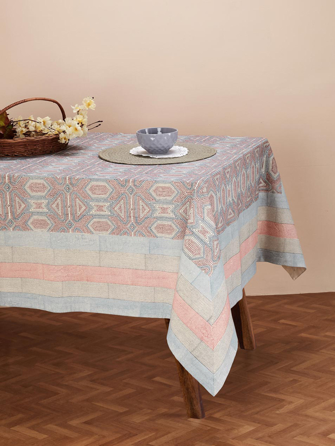 Fabindia Lilypool Blue & Pink Printed Cotton 4-Seater Table Cover