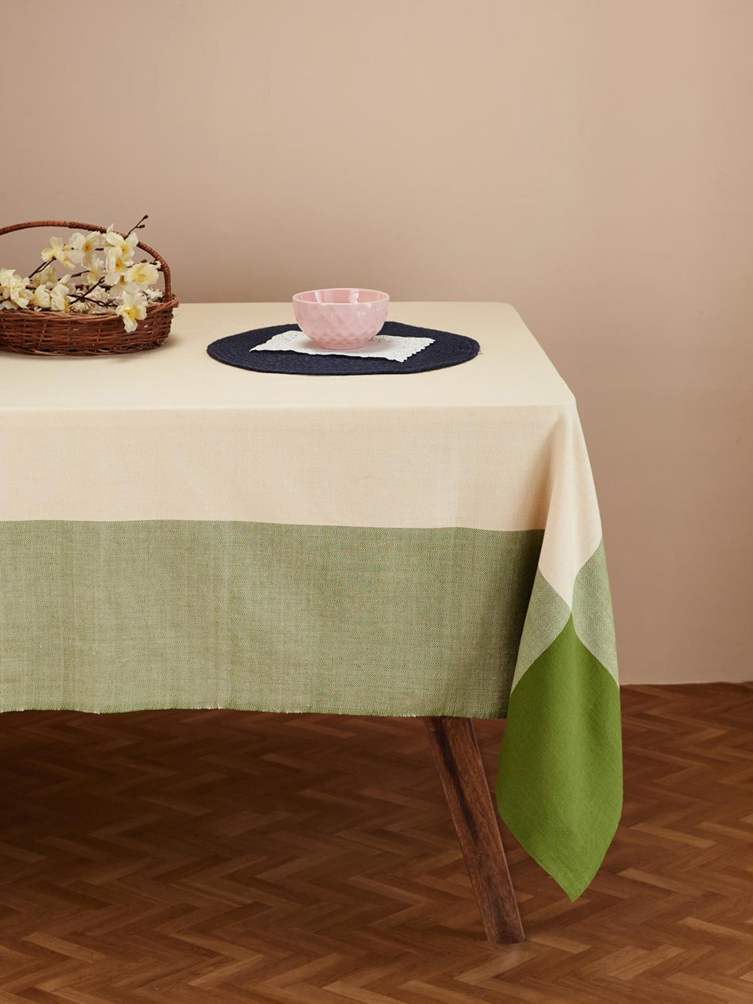 Fabindia Adesh Green & Beige Woven Cotton 8 Seater Table Covers