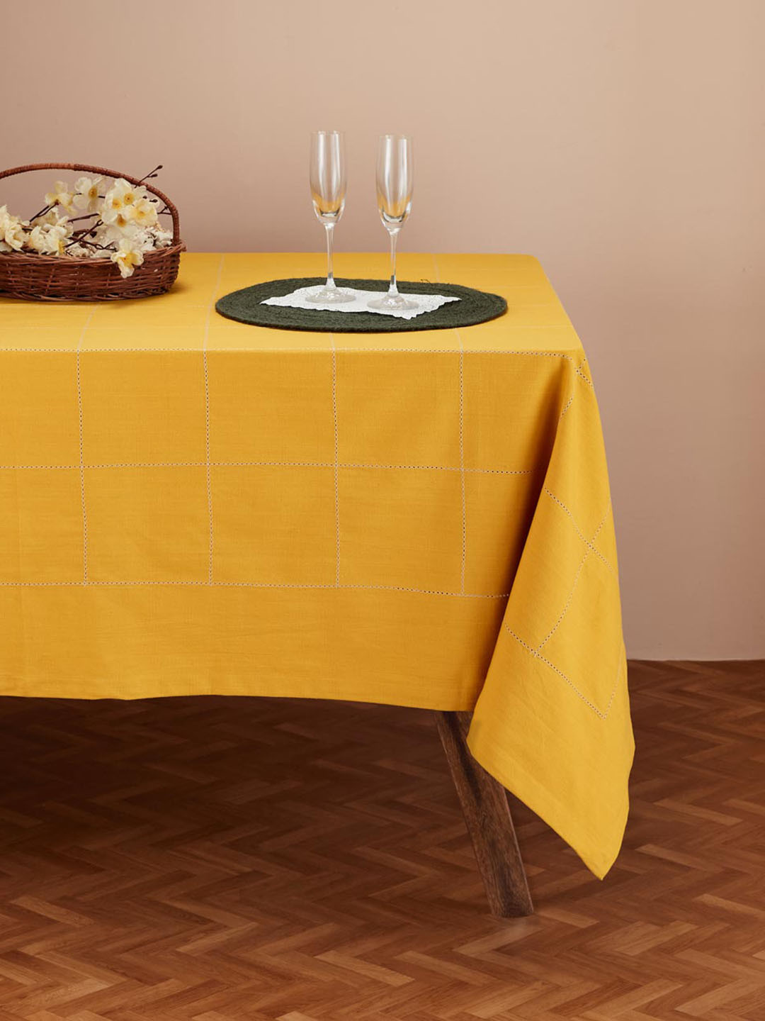 Fabindia Baasu Mustard Yellow Woven Cotton 6 Seater Table Cover