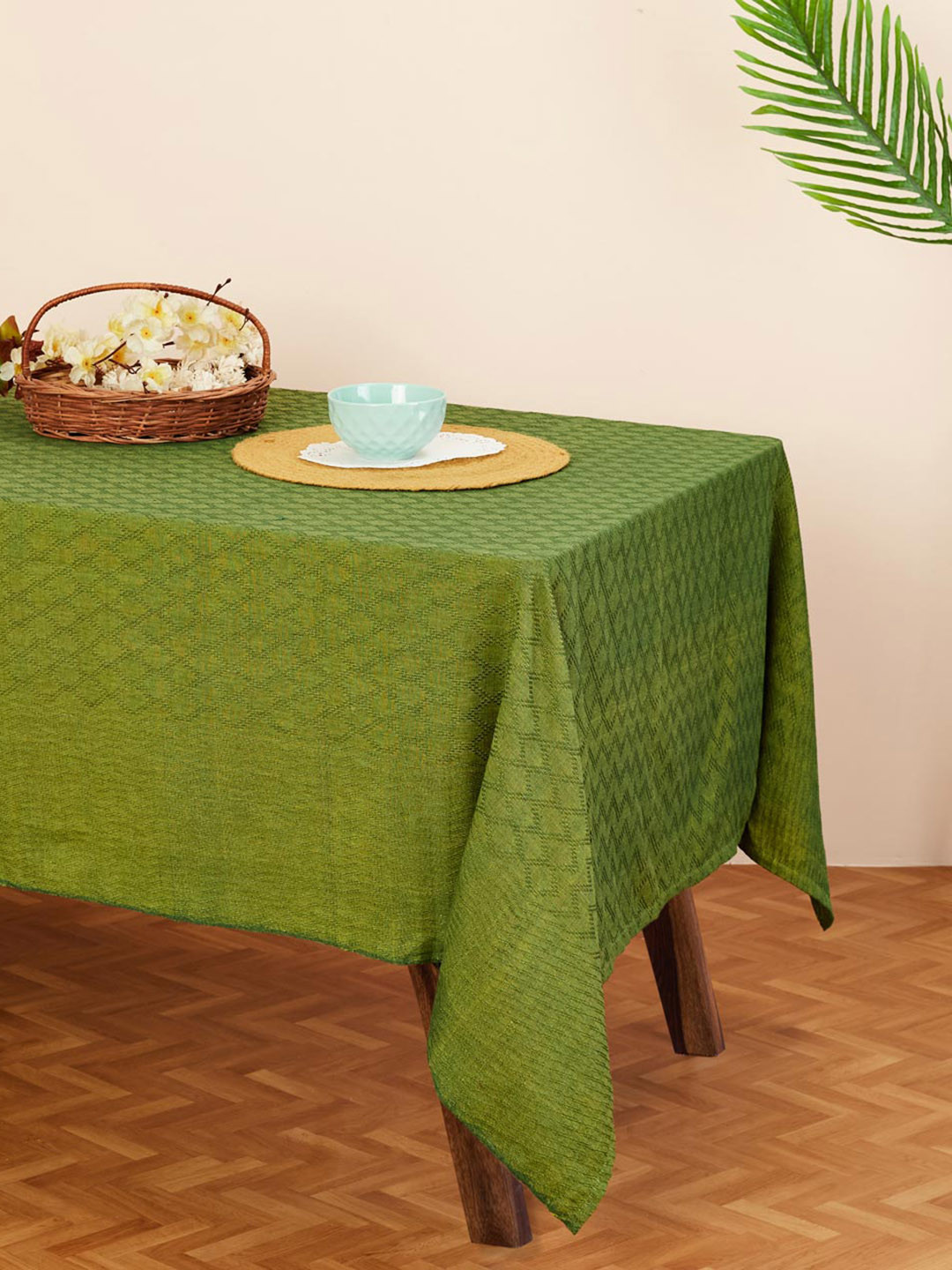 Fabindia Suhana Green Woven Cotton 6 Seater Table Cover