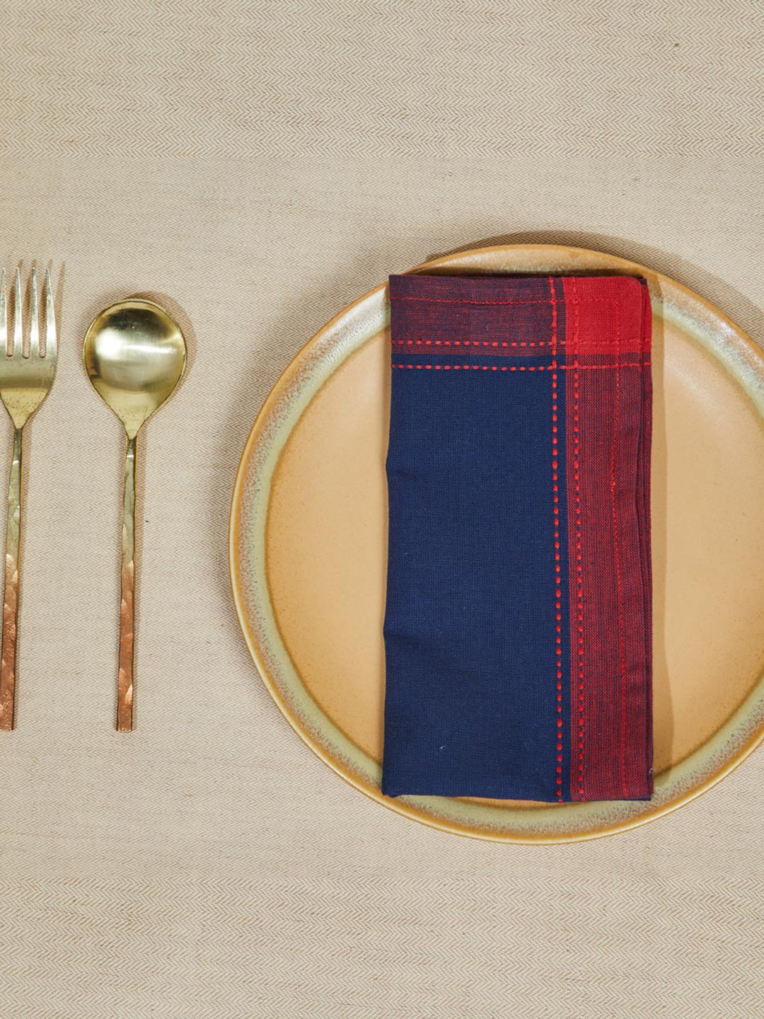 Fabindia 6-Pcs Navy-Blue & Red Cotton Kitchen Table Napkins