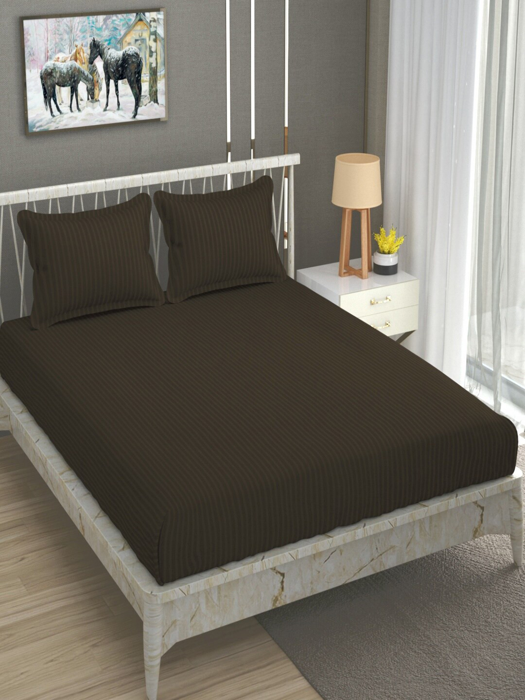 Homefab India Brown Striped Cotton 180 TC Queen Fine Bedsheet with 2 Pillow Covers-225 x 230 cm