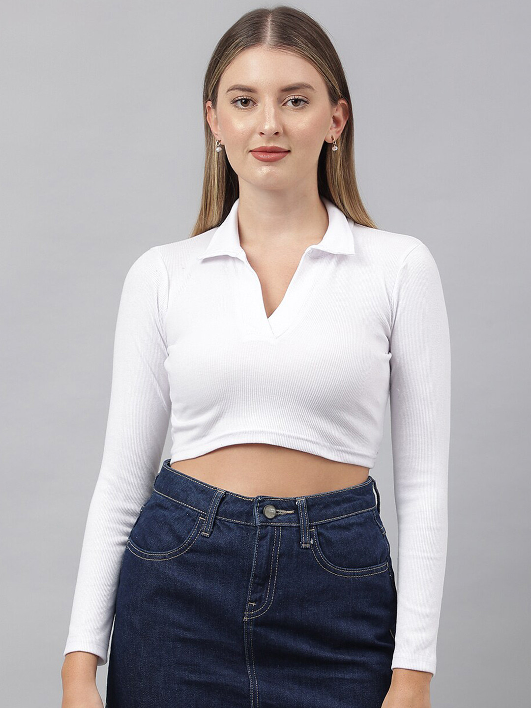 COLOR CAPITAL Shirt Collar Long Sleeve Crop Top