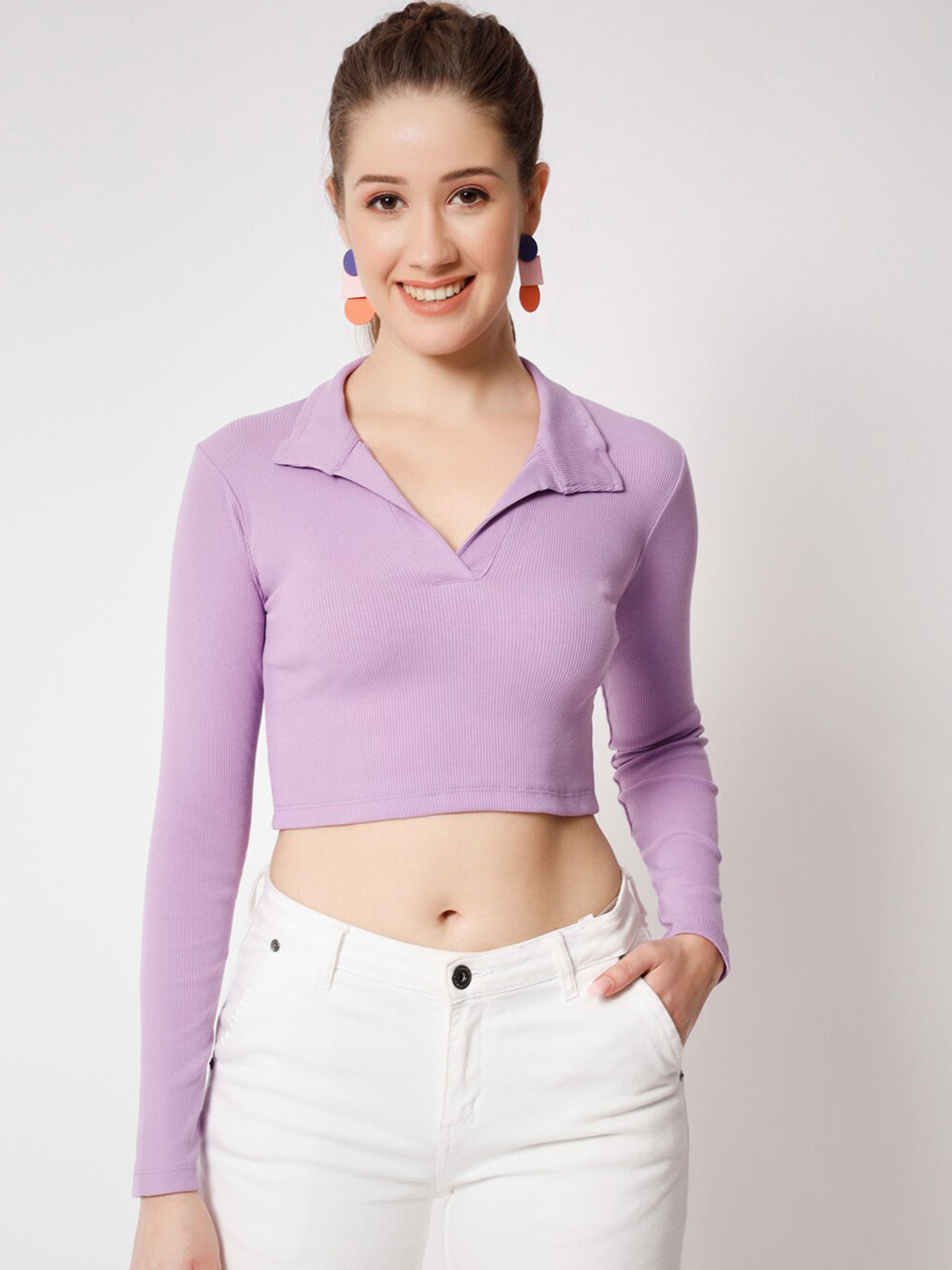 COLOR CAPITAL Shirt Collar Ribbed Fitted Crop Top