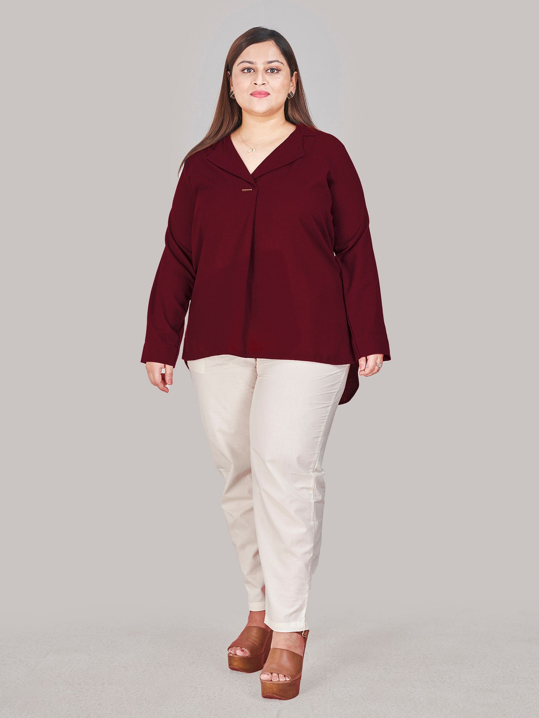 Curvy Lane Plus Size Lapel Collar Regular Top