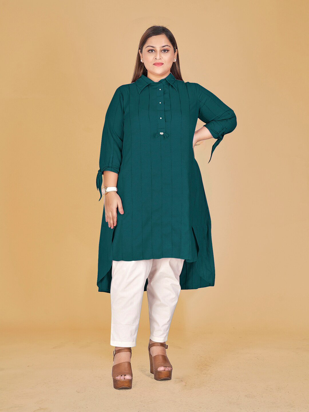 Curvy Lane Plus Size Striped Shirt Collar High Low Tunic