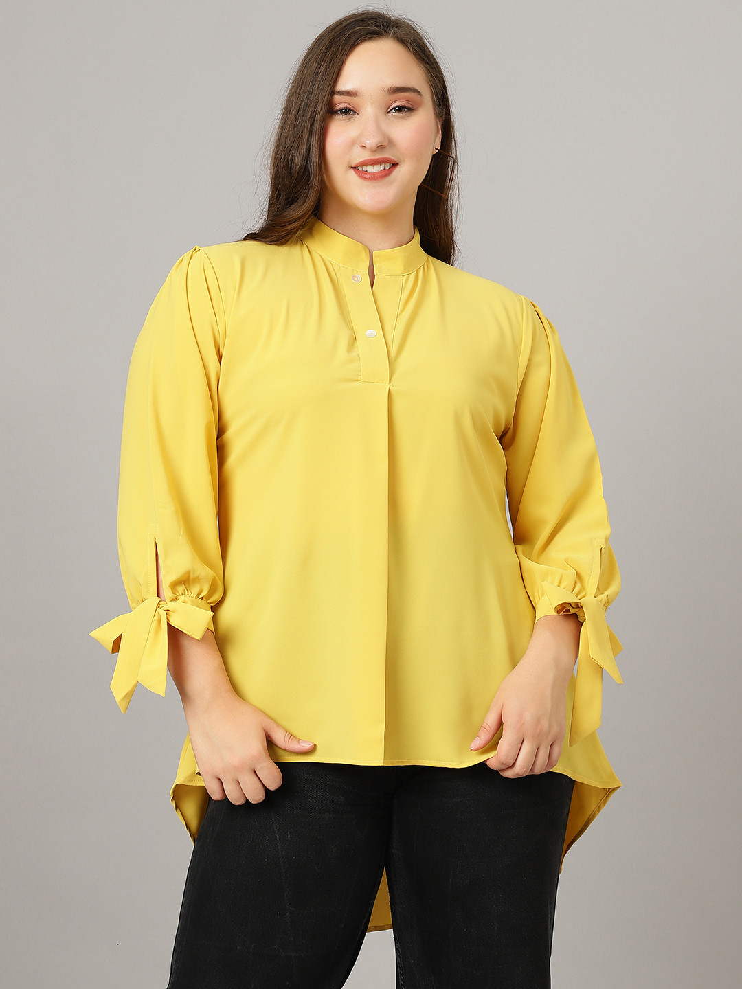 Curvy Lane Plus Size Mandarin Collar High-Low Top