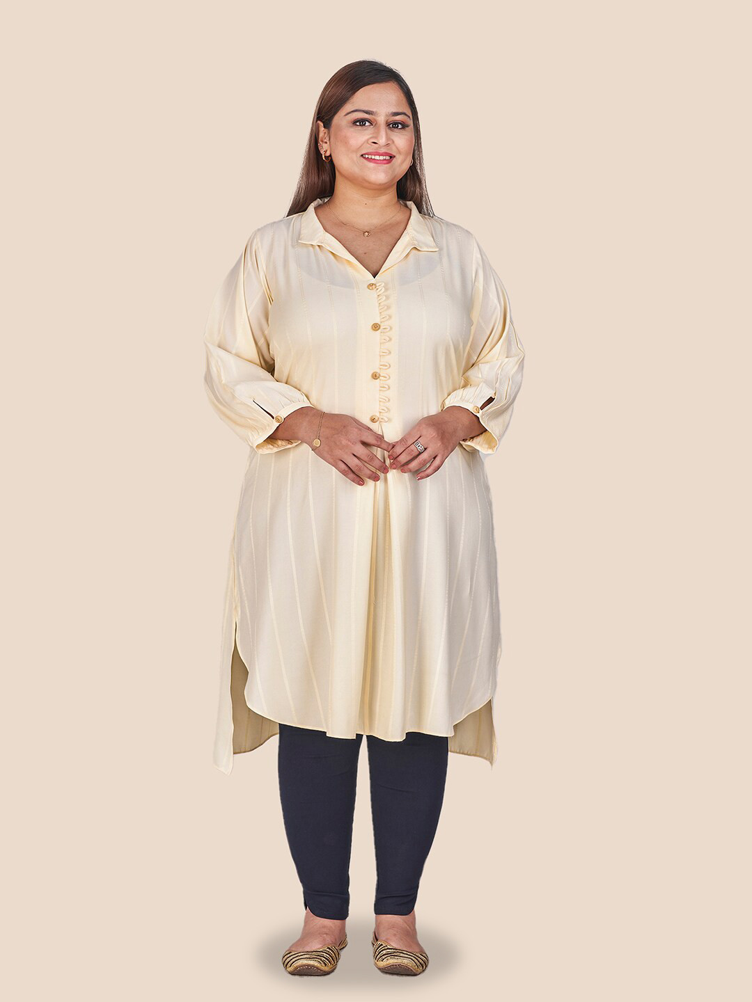 Curvy Lane Plus Size Striped Shirt Collar High-Low A-Line Kurta