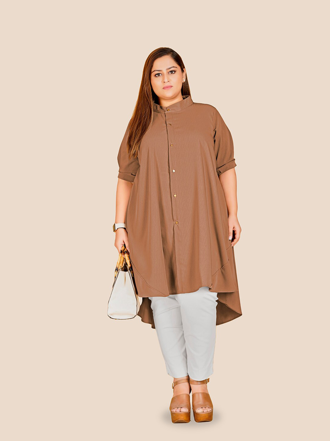 Curvy Lane Plus Size Band Collar High-Low A-Line Kurta