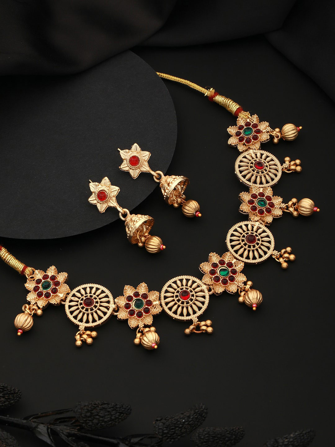 Aadvik Designs Gold-Plated Stone Studded & Beaded Necklace & Earrings