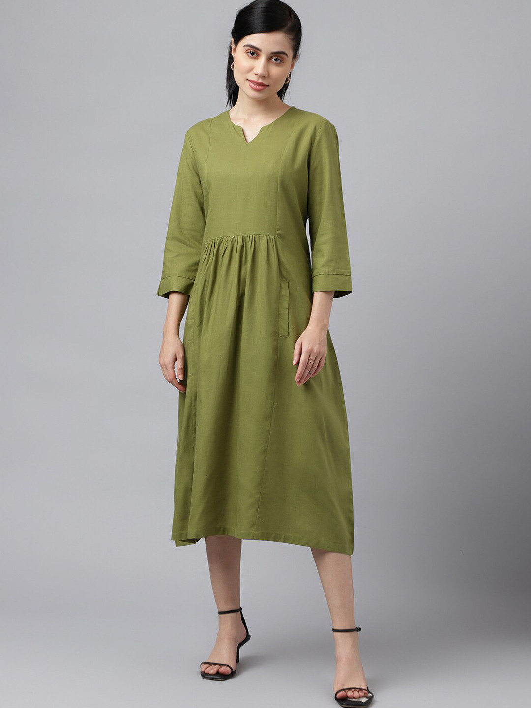 Hancock Round Neck Gathered Pure Cotton A-Line Midi Dress