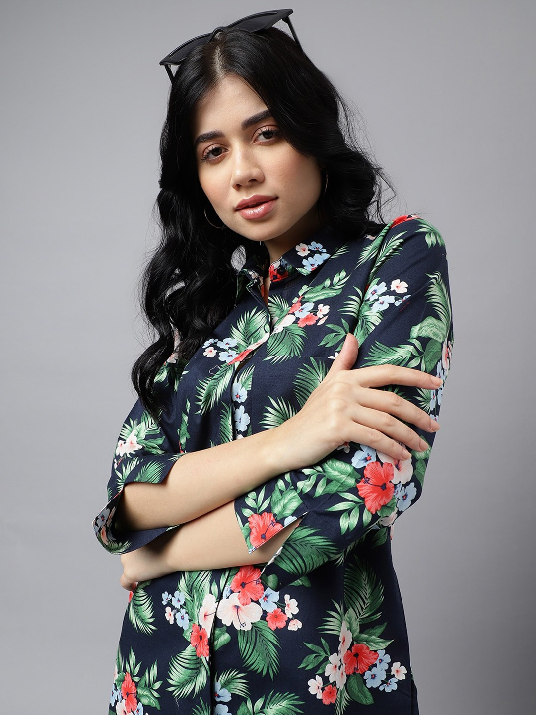 Hancock  Floral Printed Shirt Collar Cuffed Sleeves Cotton Shirt Dress