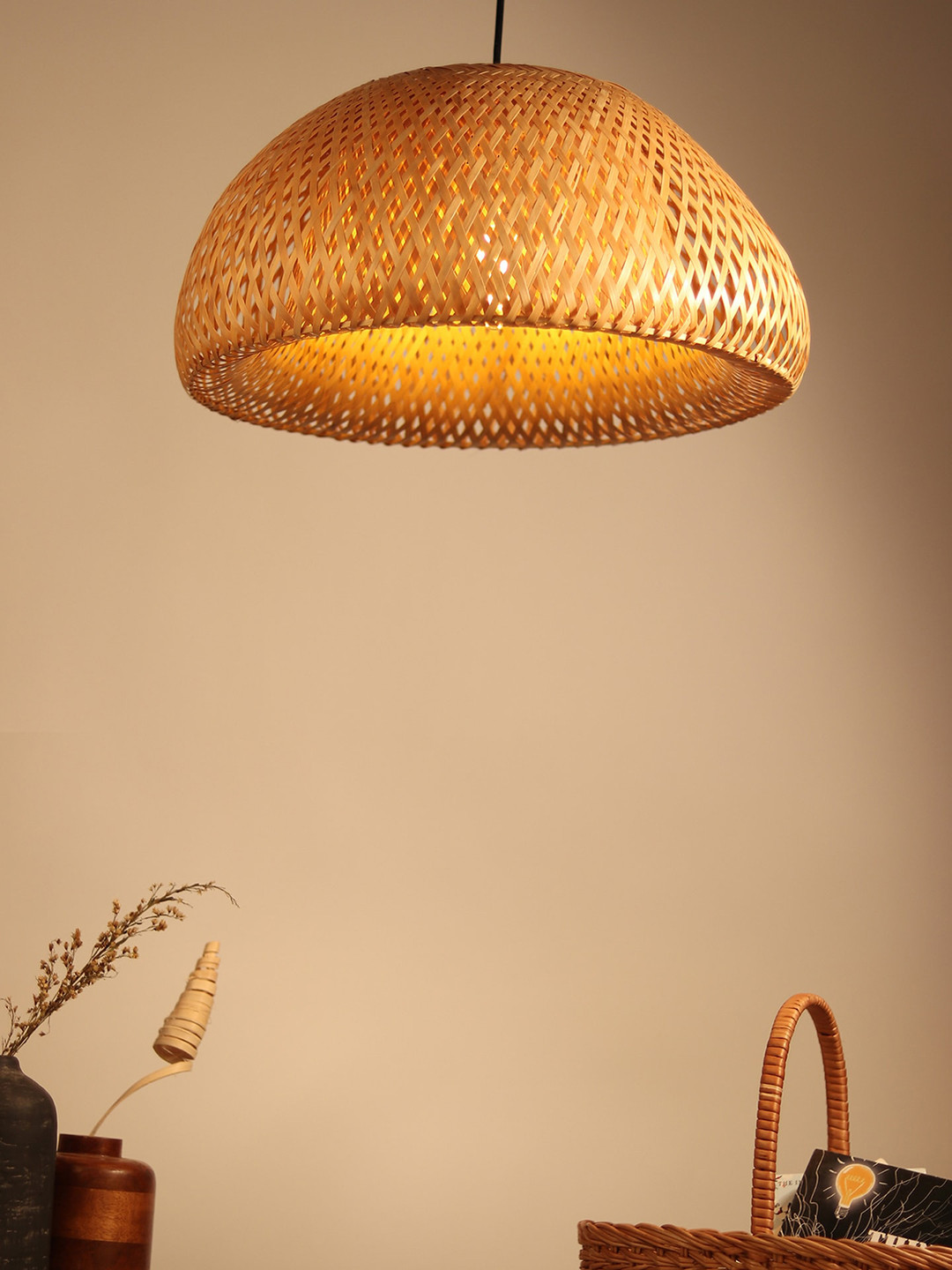 HABERE INDIA Brown Textured Bamboo Ceiling Lamp