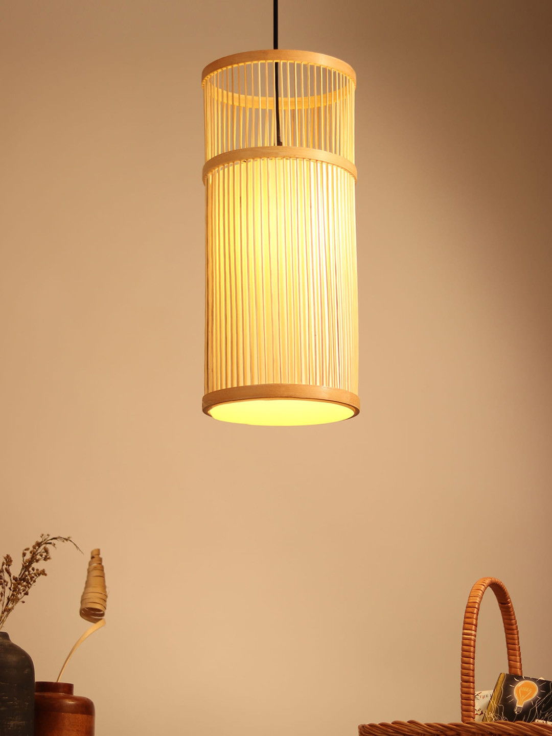 HABERE INDIA Beige Cylidrical Bamboo Hanging Pendant Ceiling Lamp