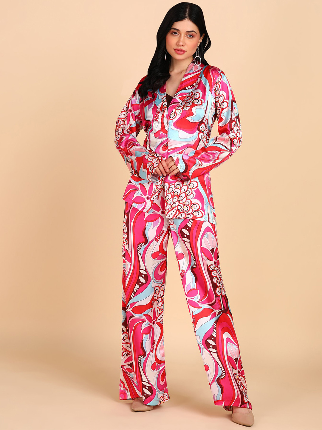 Rudraaksha Creations Printed Crop Top with Shirt & Palazzo