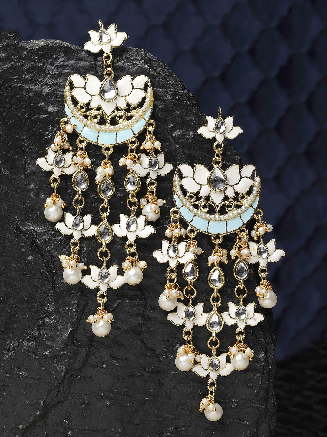 KARATCART White Gold-Plated Stone Studded & Beaded Drop Kundan Earrings