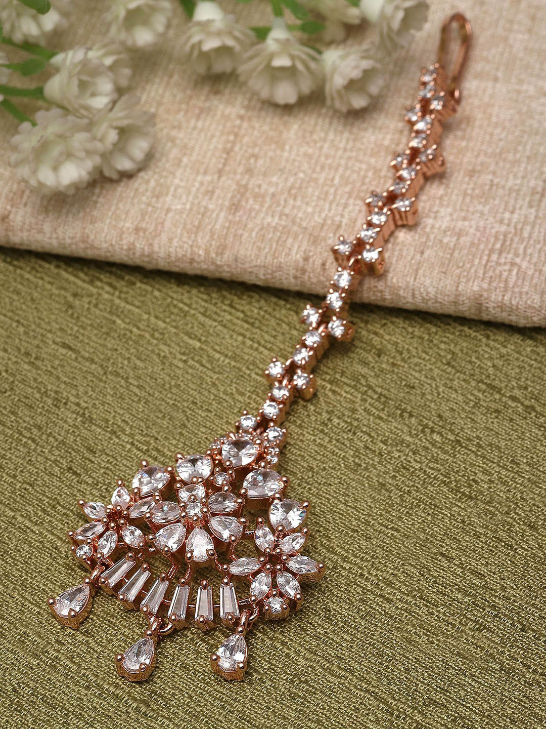 KARATCART Rose Gold-Plated American Diamond-Studded Maang Tika