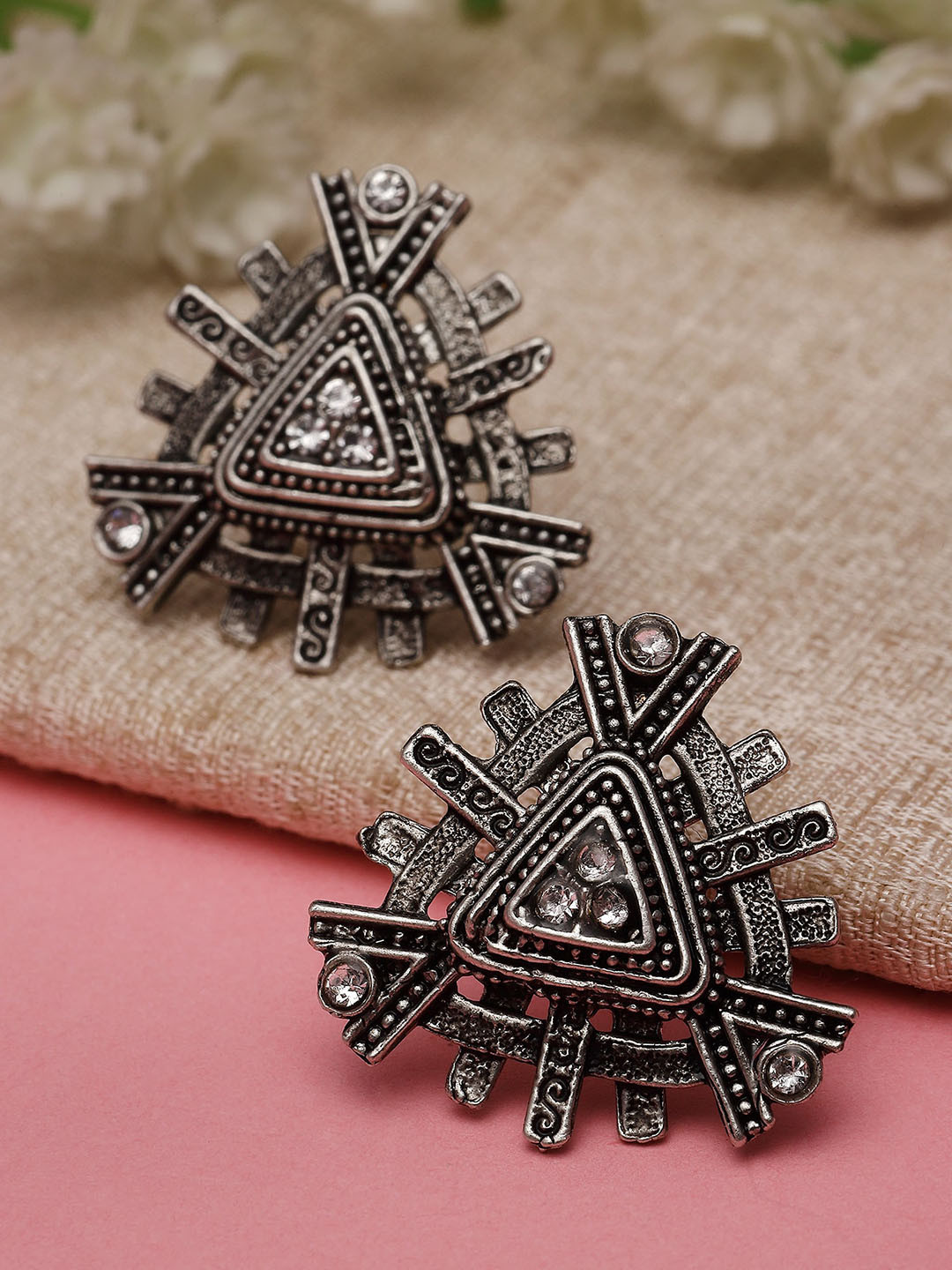 KARATCART Silver-Plated Stone Studded Stud Earrings