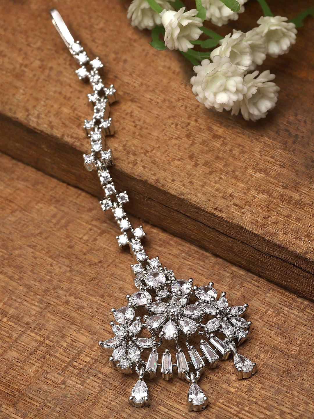 KARATCART Silver-Plated American Diamond-Studded Maang Tikka