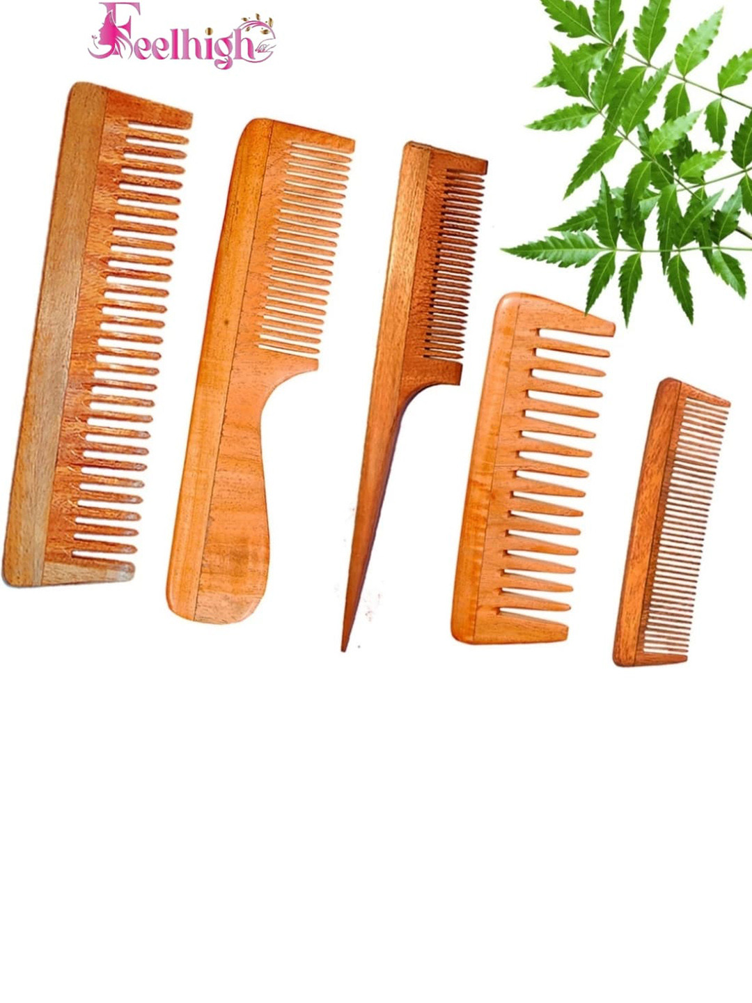 FEELHIGH Set Of 5 Neem Wooden Combs To Promote Hair Growth - Brown
