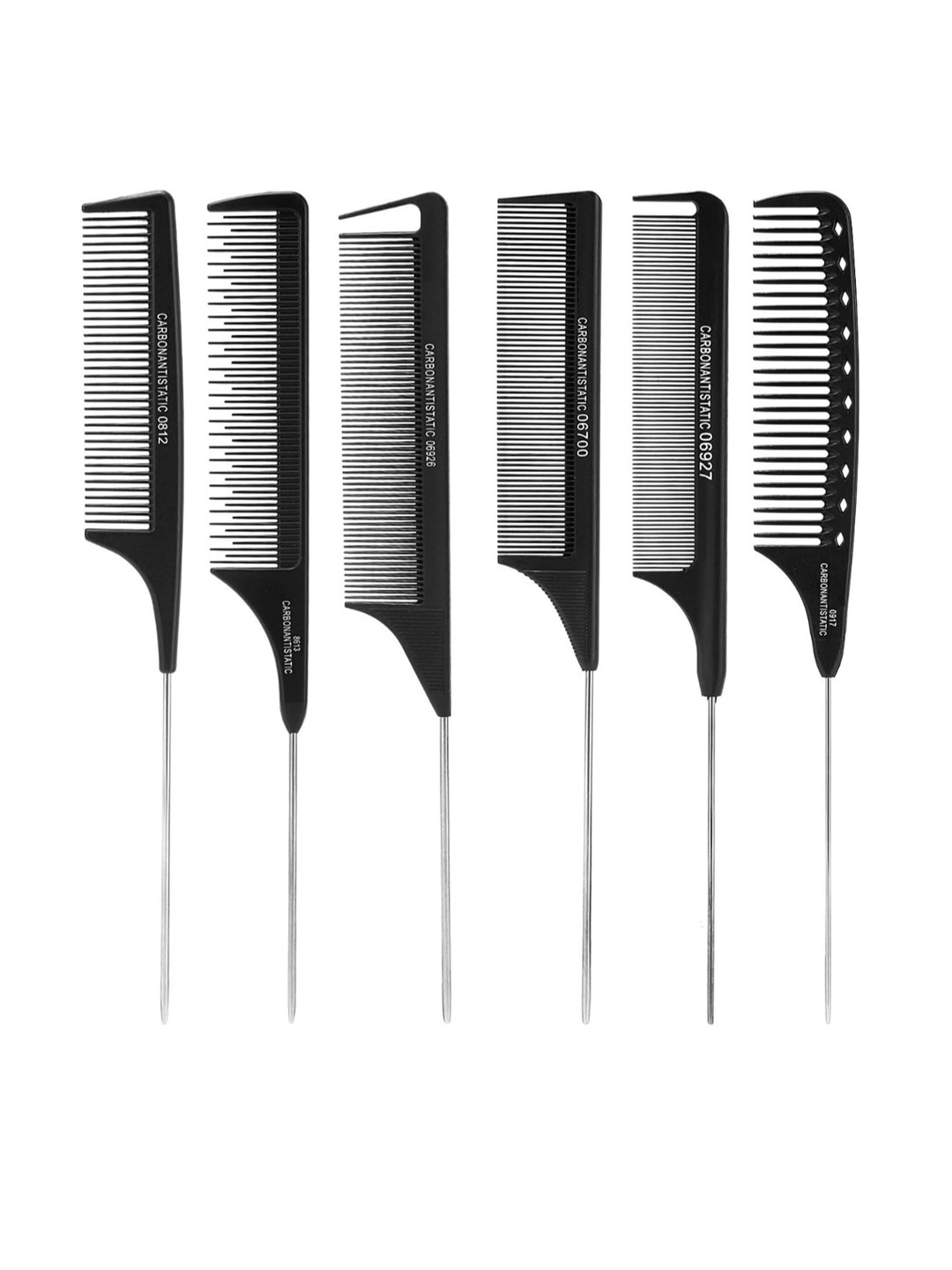 FEELHIGH Set Of 6 Carbon Fiber & Stainless Steel Hair Combs - Black