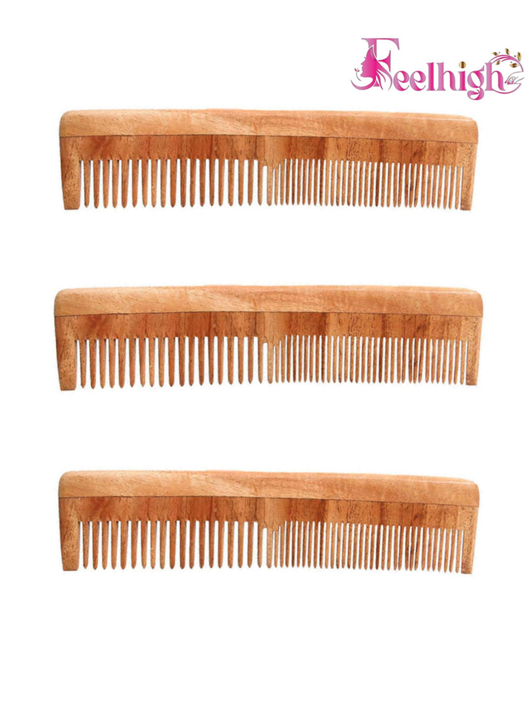 FEELHIGH Set Of 3 Neem Wood Fine & Thin Tooth Combs - Brown