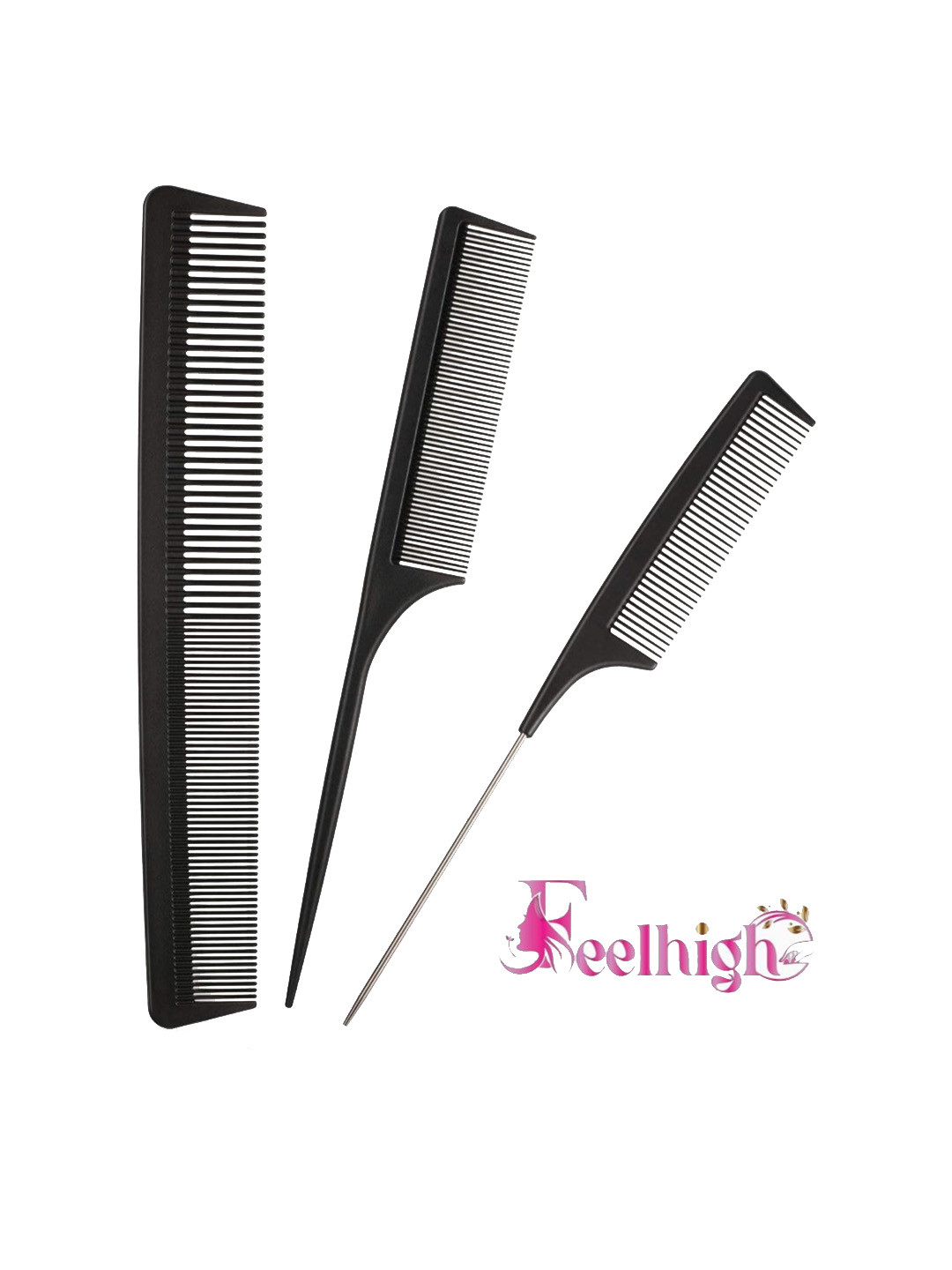 FEELHIGH Set Of 3 Carbon Fiber Barber Hair Cutting & Styling Combs - Black