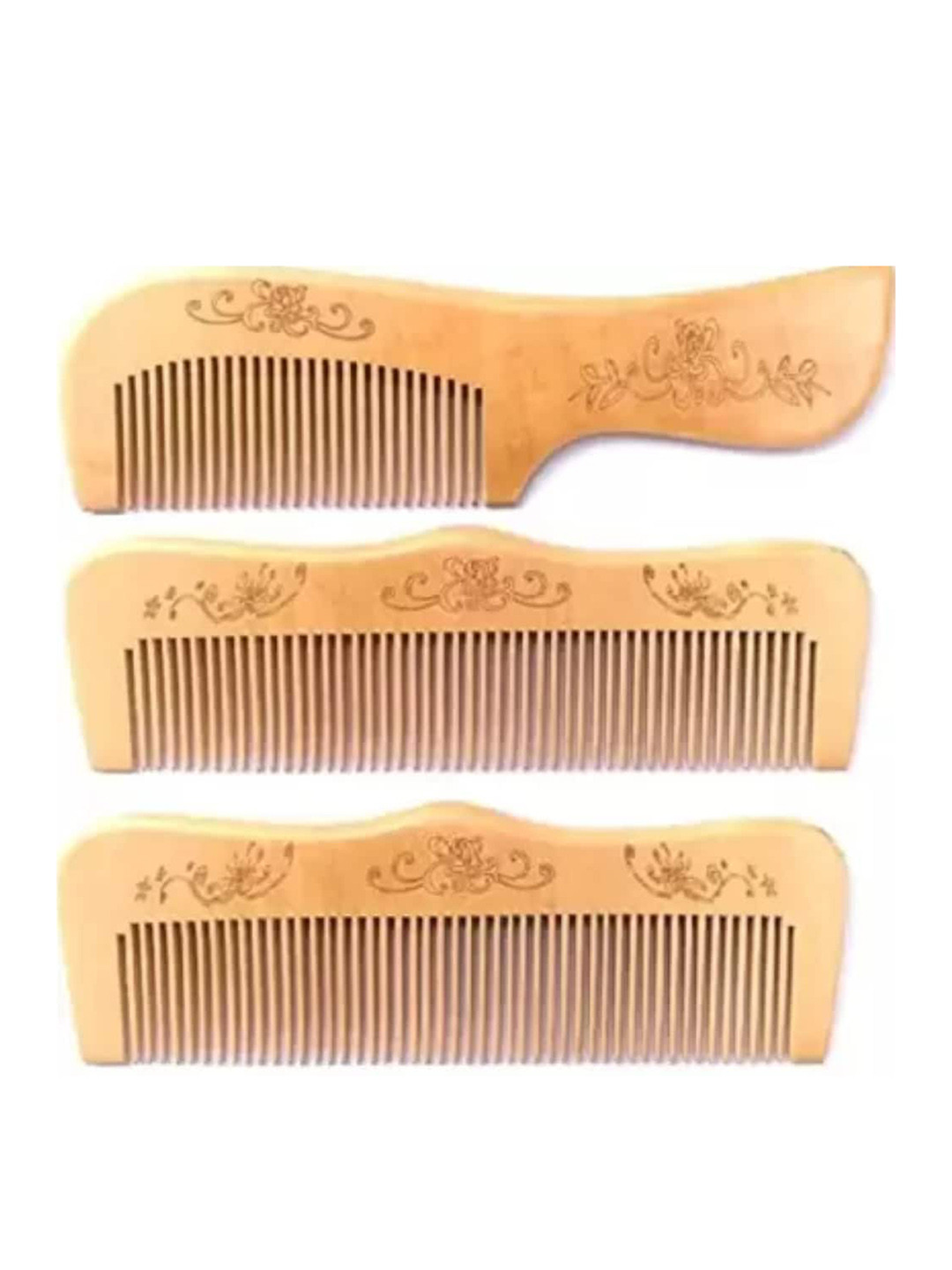 FEELHIGH Set Of 3 Neem Wood Broad Tooth Anti-Dandruff Combs - Brown