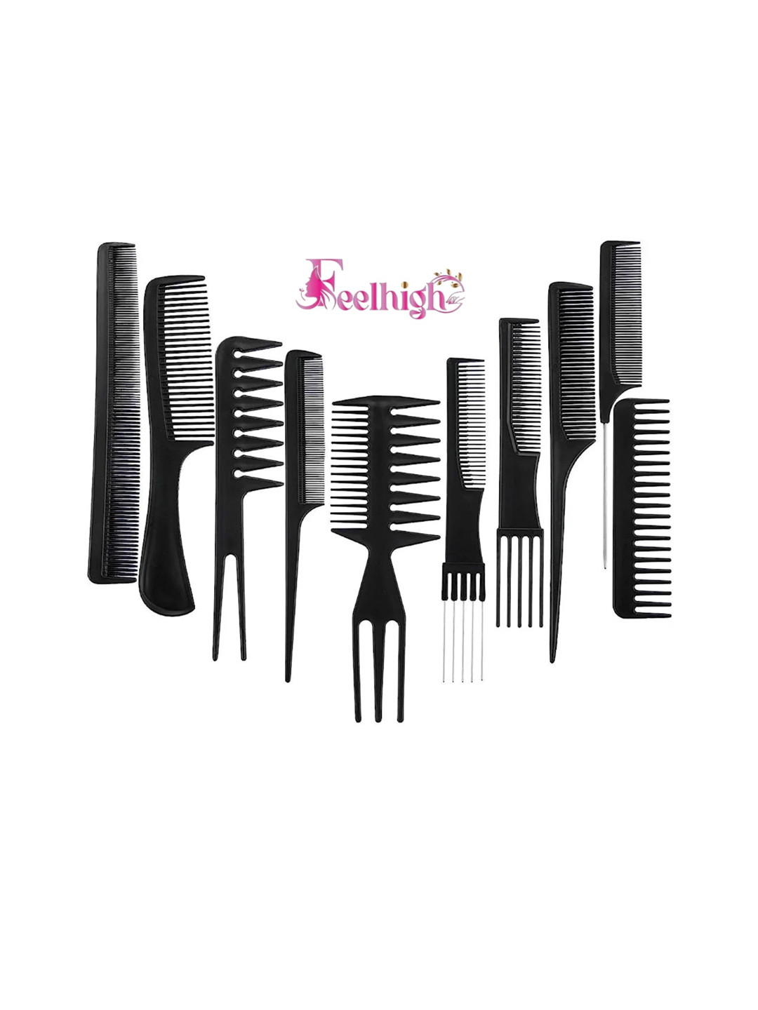 FEELHIGH Set Of 10 Cut Styling Hairdressing Barbers Combs - Black