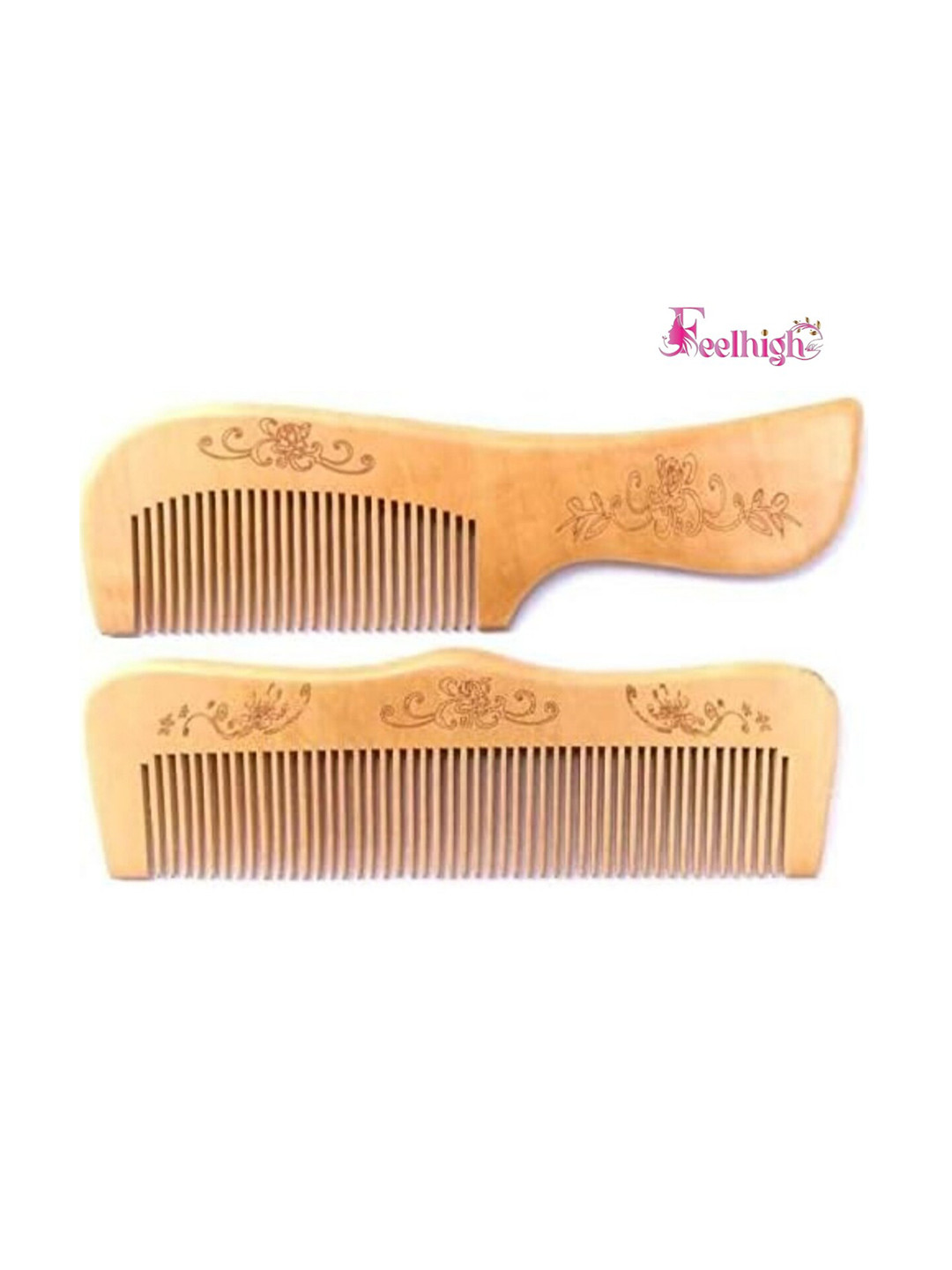 FEELHIGH Set Of 2 Neem Wood Broad Tooth Anti-Dandruff Combs - Brown