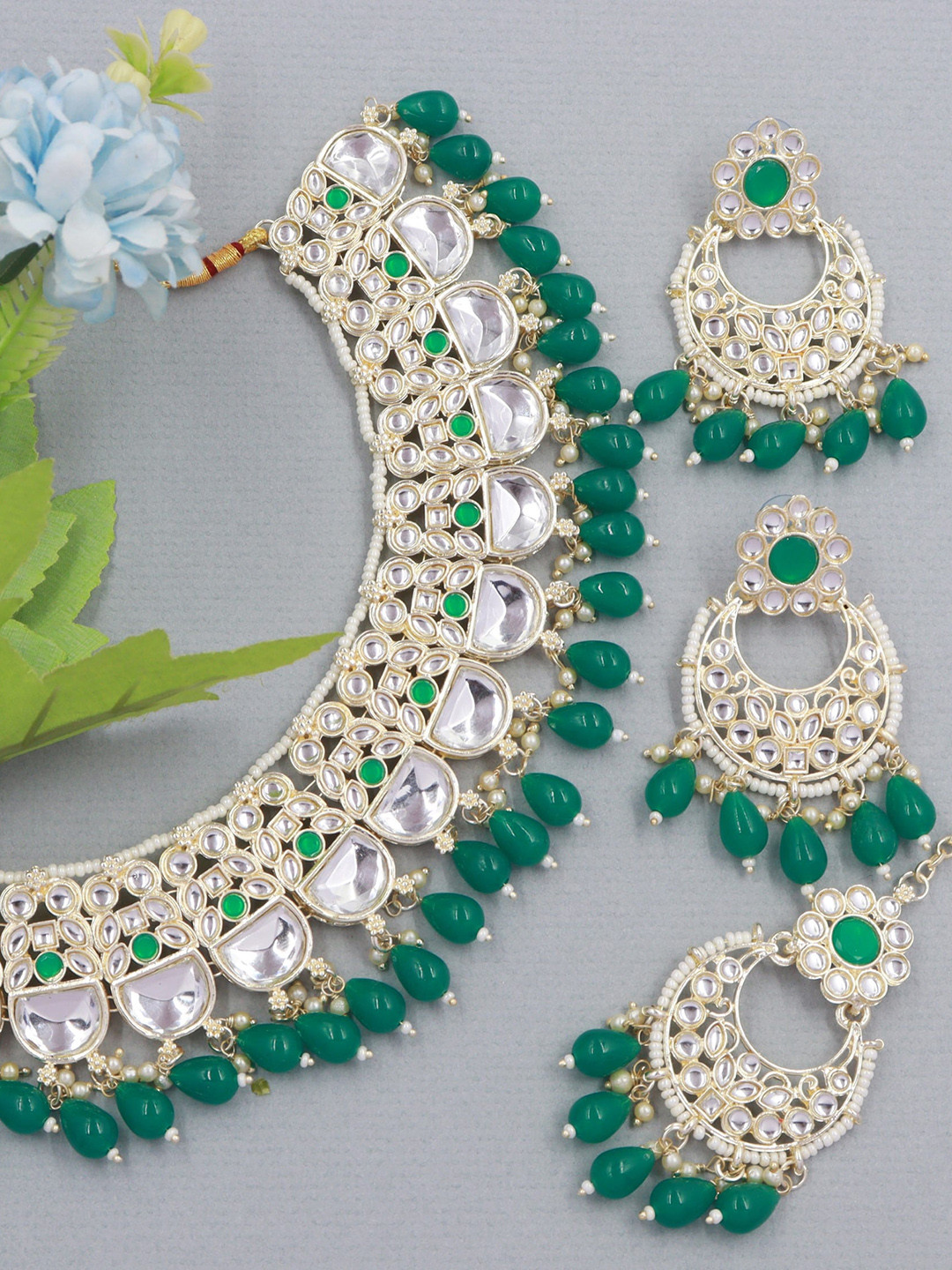 Rhymee Kundan Stone-Studded & Pearls Beaded Drop Choker Jewellery Set