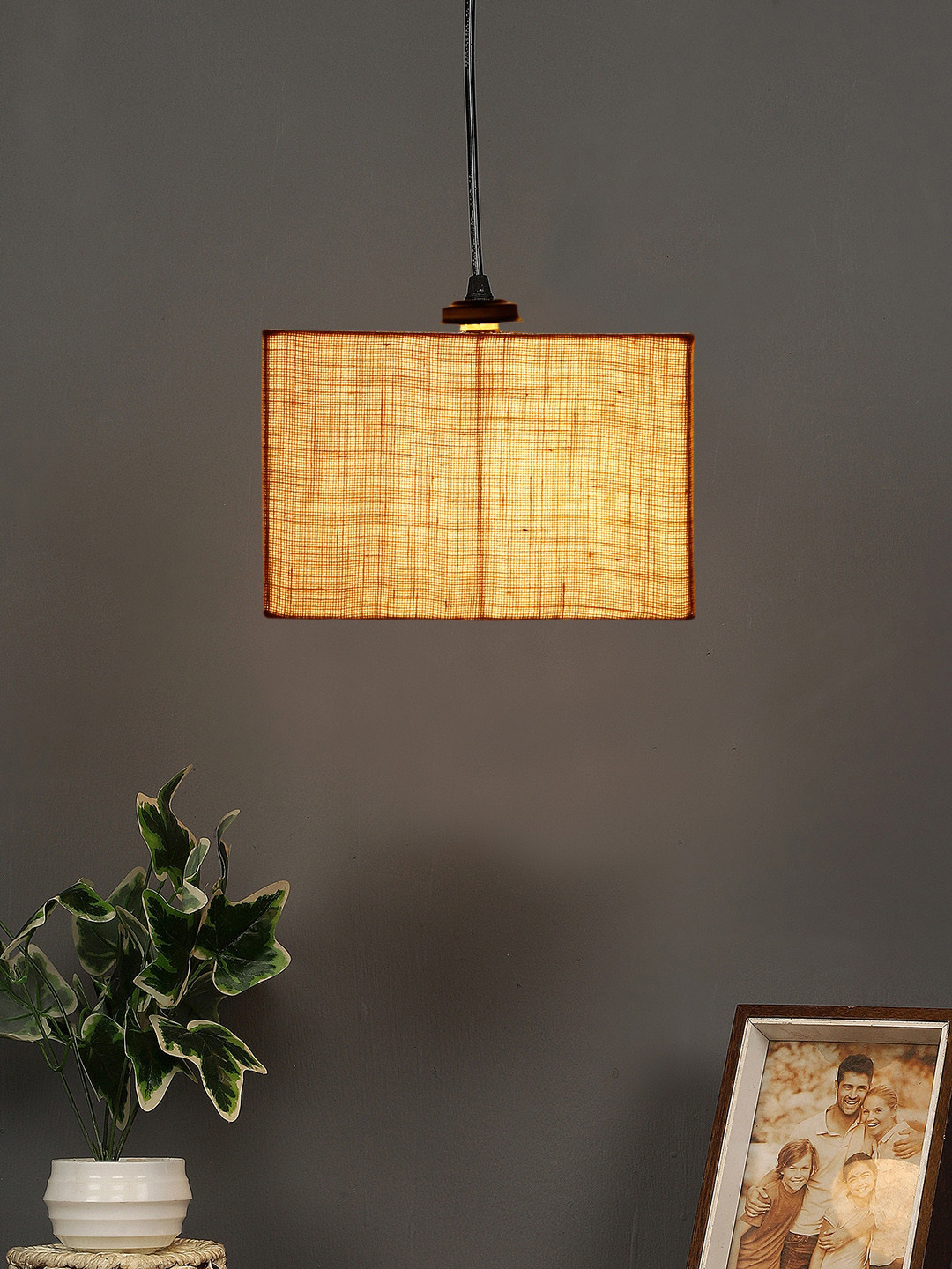 Devansh White Square Jute & Iron Ceiling Lamp