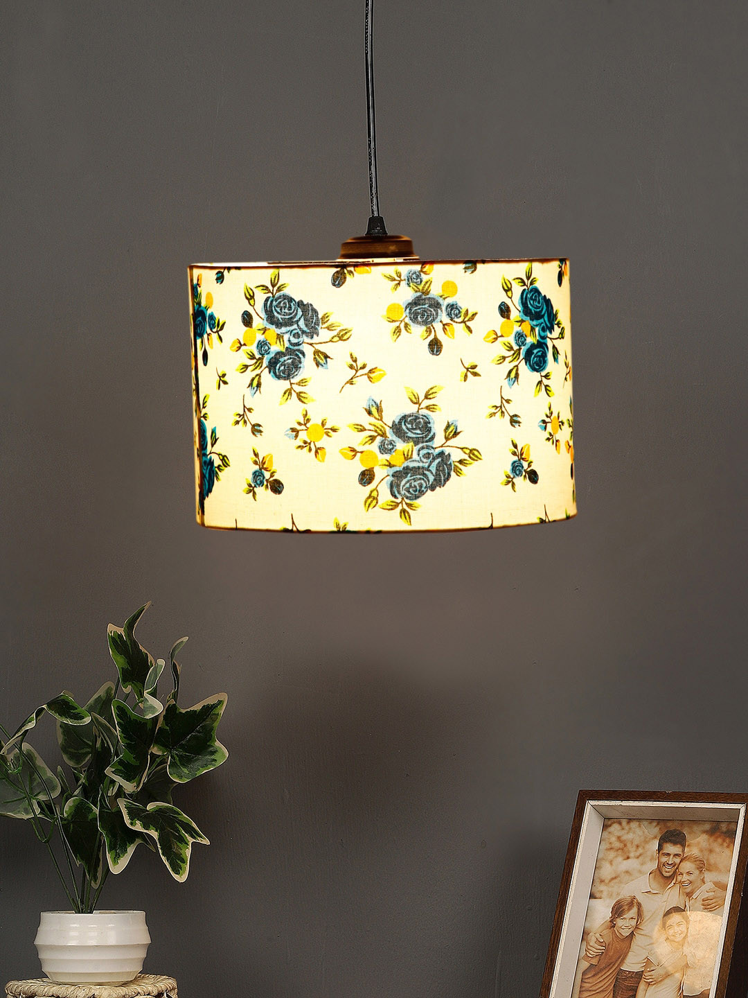 Devansh White & Blue Drum Jute Hanging Pendant Ceiling Lamp