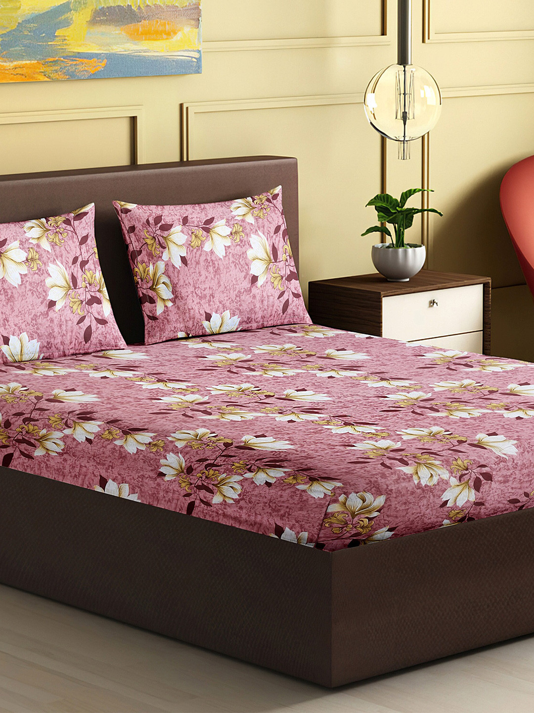 HERE&NOW Pink & Yellow Floral Printed 120 TC Queen Bedsheet With 2 Pillow Covers