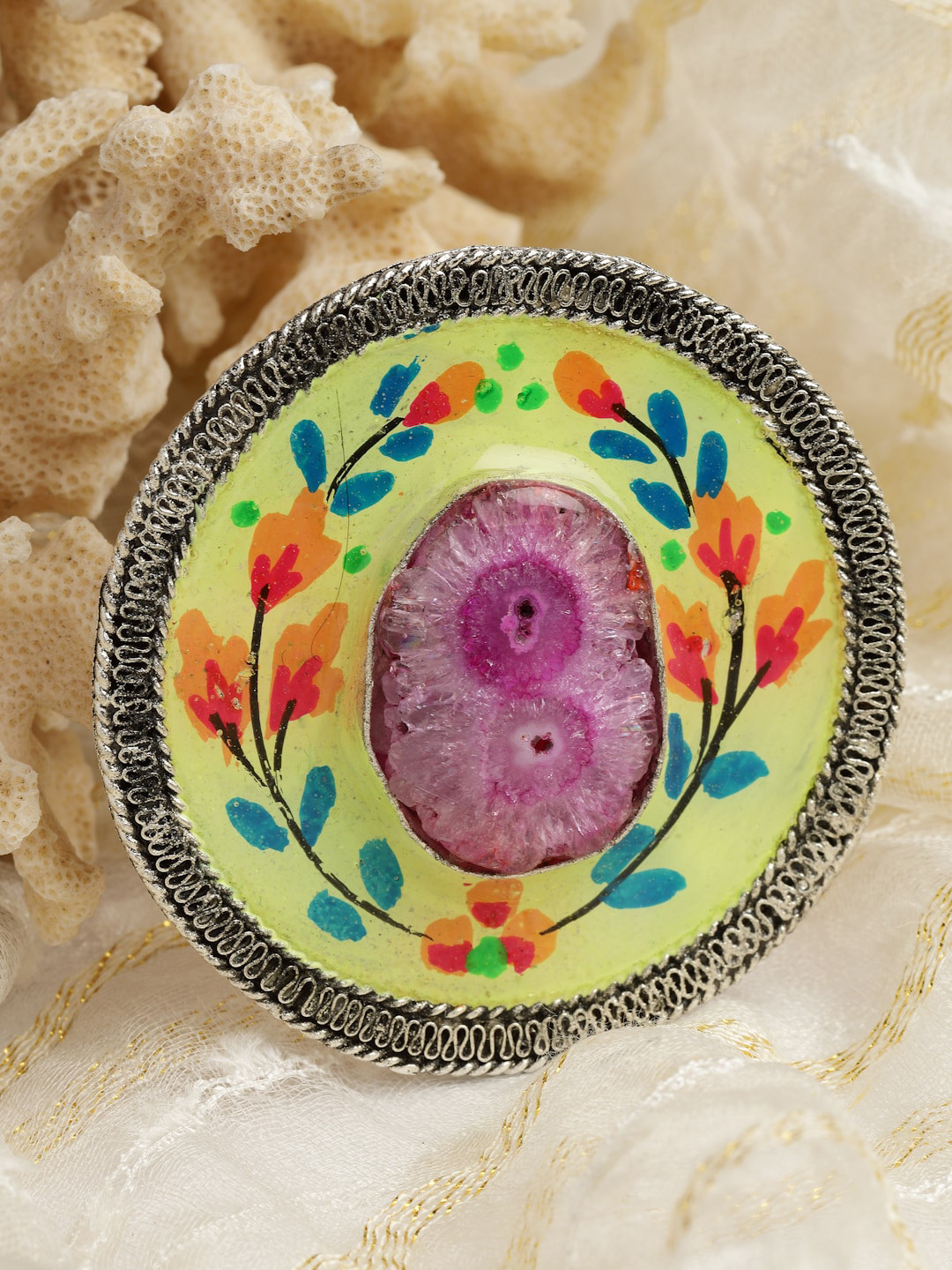 Moedbuille Oxidised Silver-Plated Agate-Studded Hand Painted Floral Finger Ring