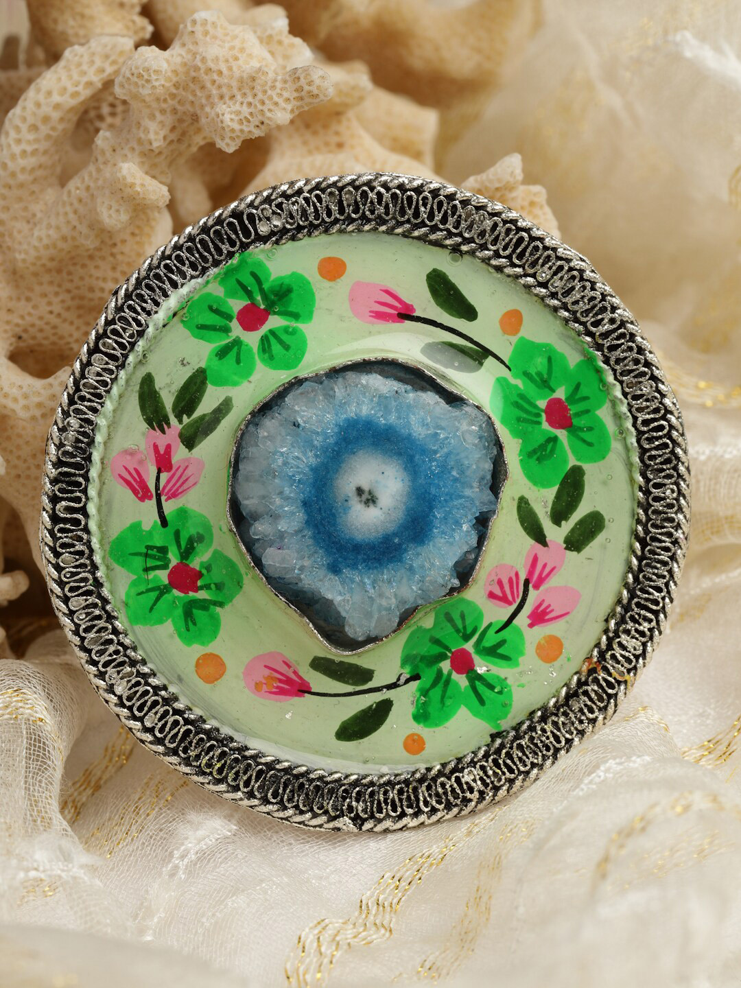 Moedbuille Oxidised Silver-Plated Agate-Studded Hand Painted Floral Finger Ring