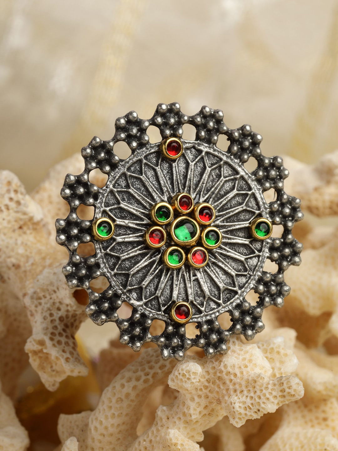 Moedbuille Silver-Plated Crystal-Studded Antique Tribal Design Oxidised Finger Ring