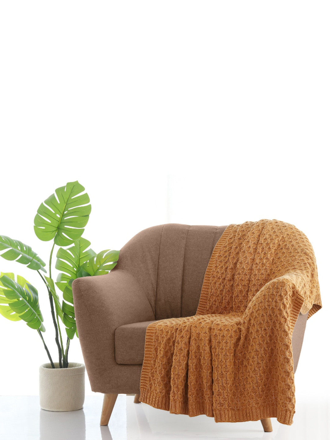 Pluchi Mustard Yellow Pure Cotton Knitted Sofa Throw