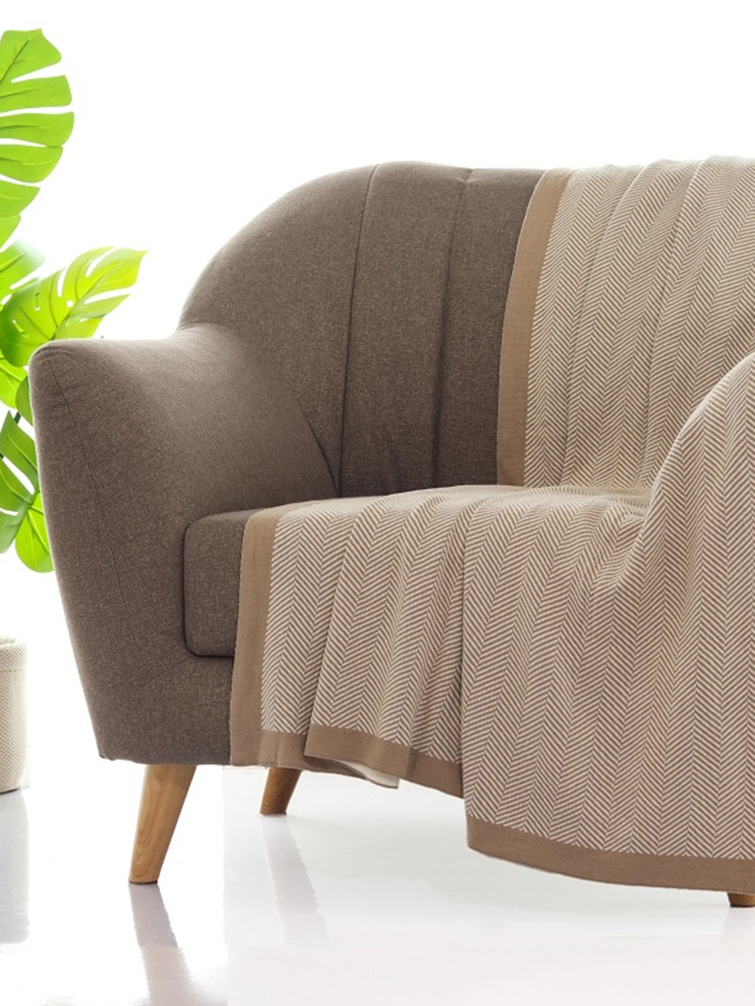 Pluchi Off White & Beige Pure Cotton Knitted Sofa Throw Blanket