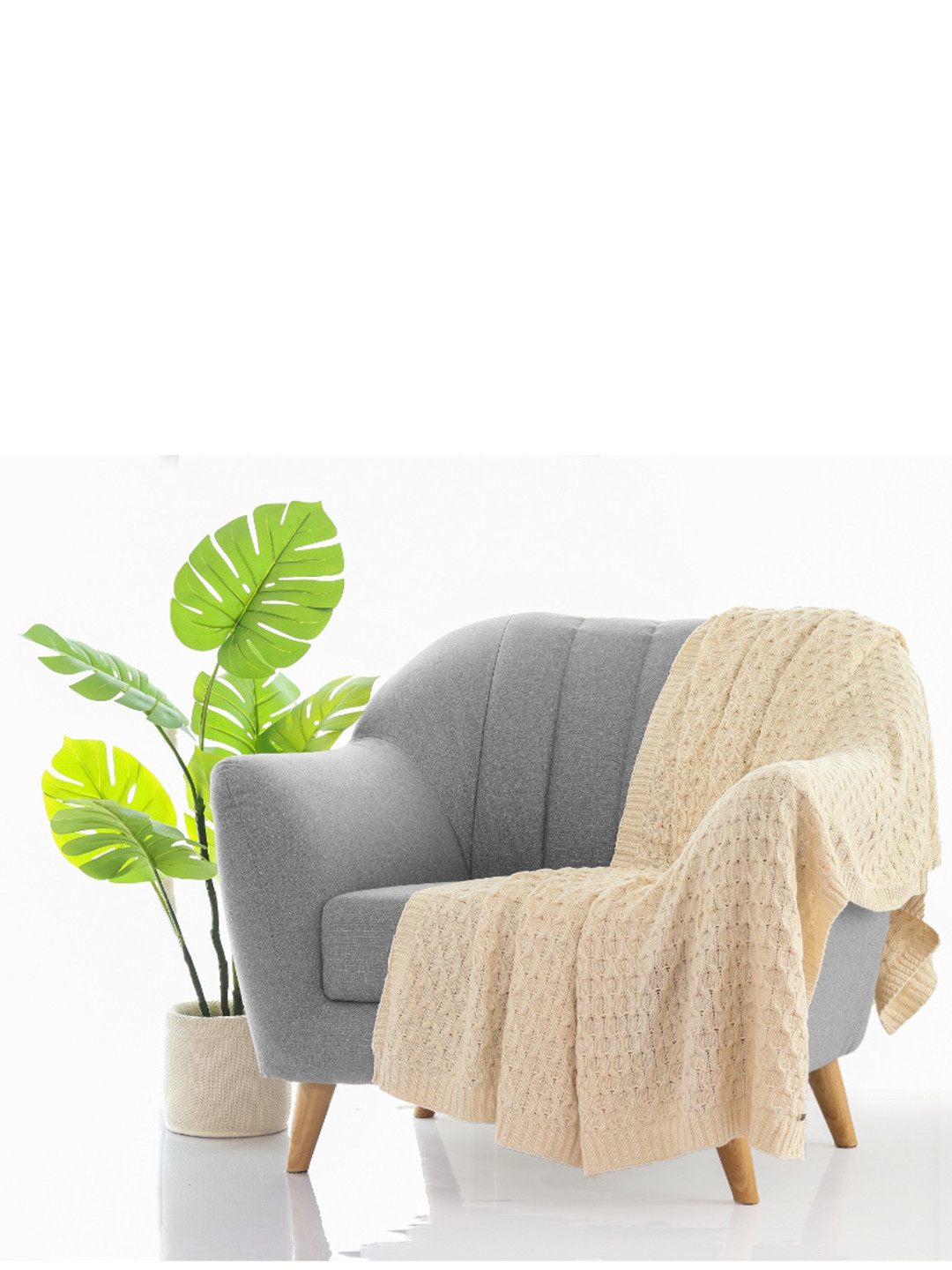 Pluchi Off White Knitted Pure Cotton Sofa Throw Blanket