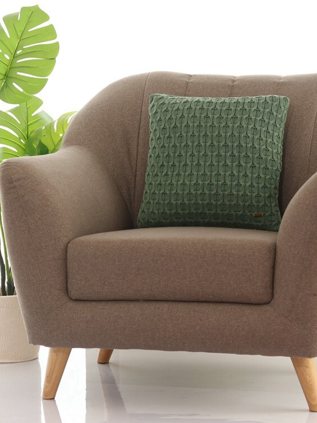 Pluchi Knitted Green Self Design Cotton Embroidered Square Cushion Cover -16x16In