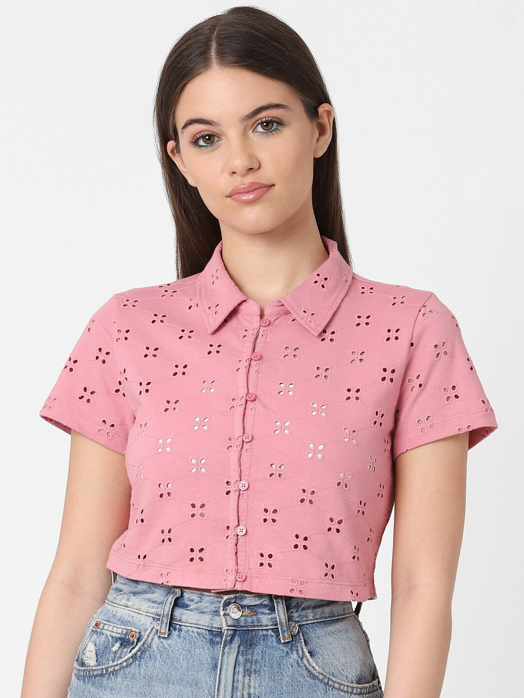 ONLY Spread Collar Cropped Schiffli Cotton Shirt