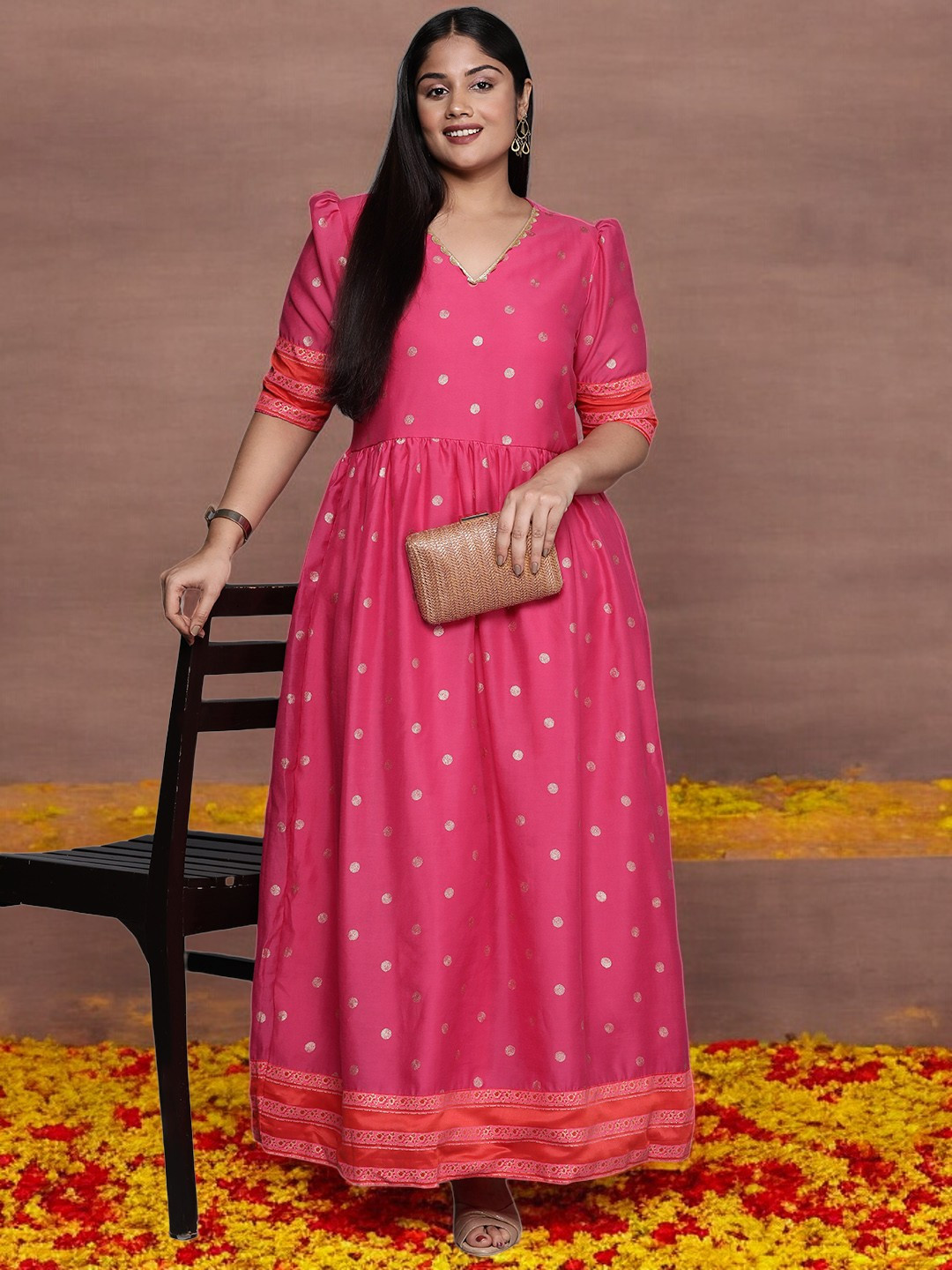 A PLUS BY AHALYAA Plus Size V-Neck Maxi Ethnic Dress