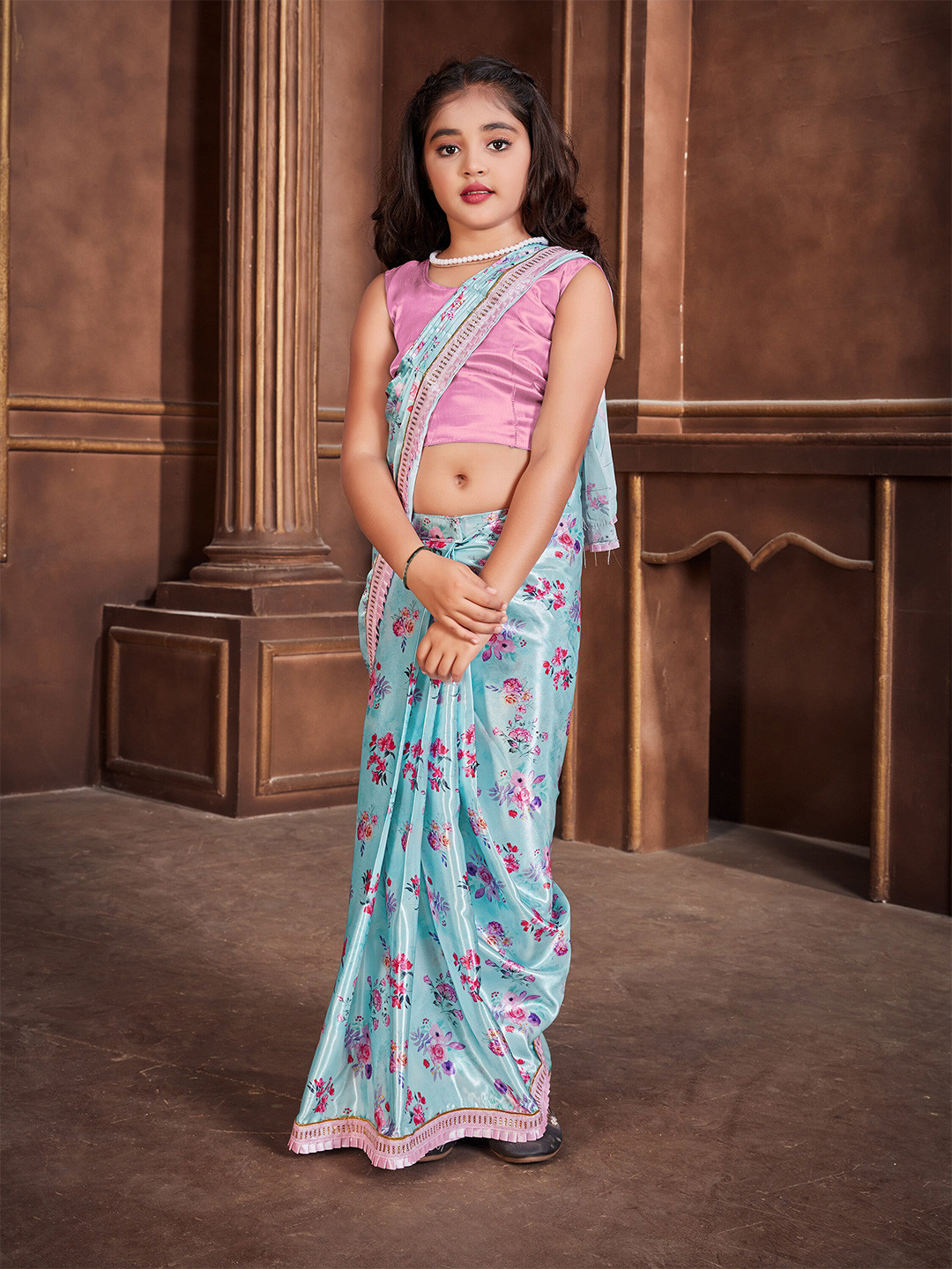 LOOKS AND LIKES Girls Floral Sequinned Satin Ready To Wear Saree